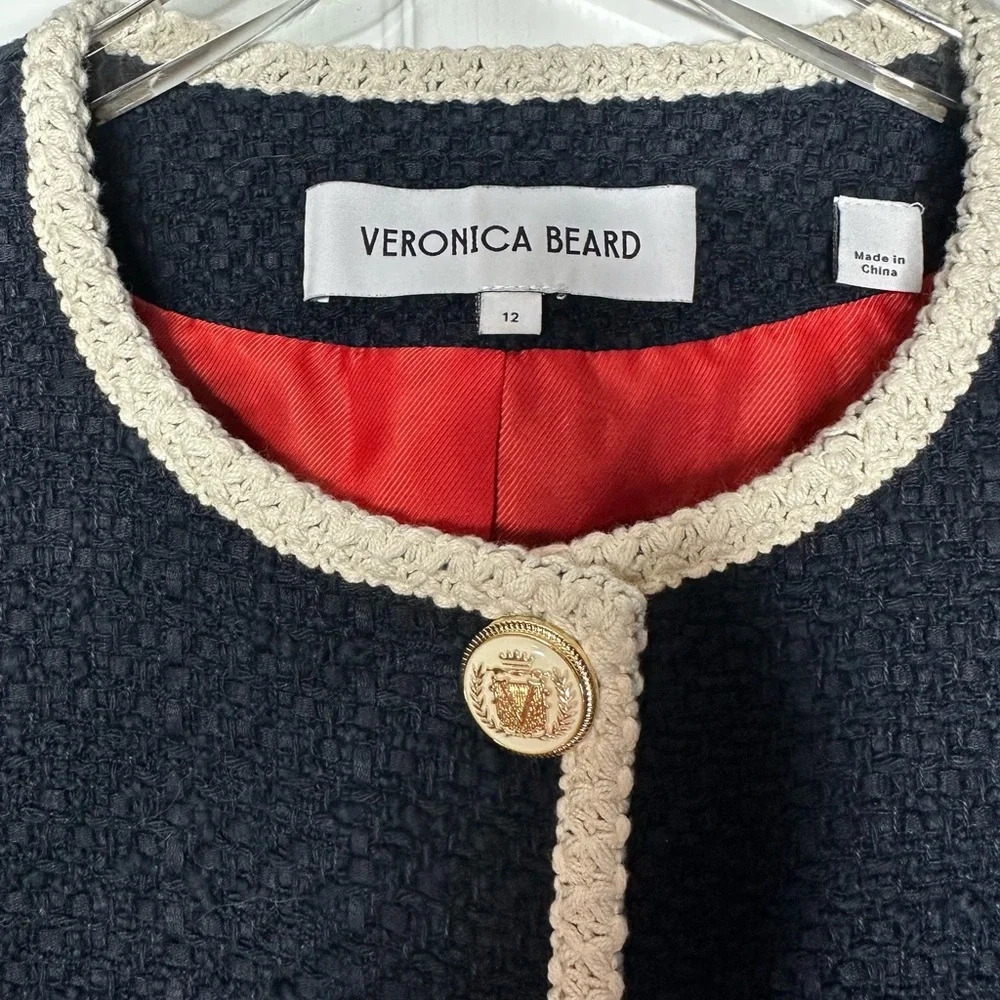 Veronica Beard Mabel Tweed Jacket Blazer Navy Ivory Trim Size 12 - Picture 7 of 16
